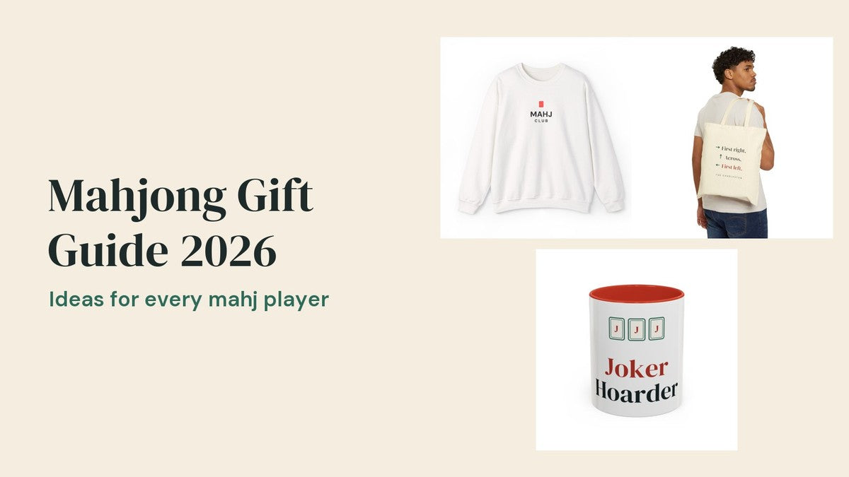 Mahjong gift ideas: embroidered Mahj Club sweatshirt, Charleston tote and Joker Hoarder mug