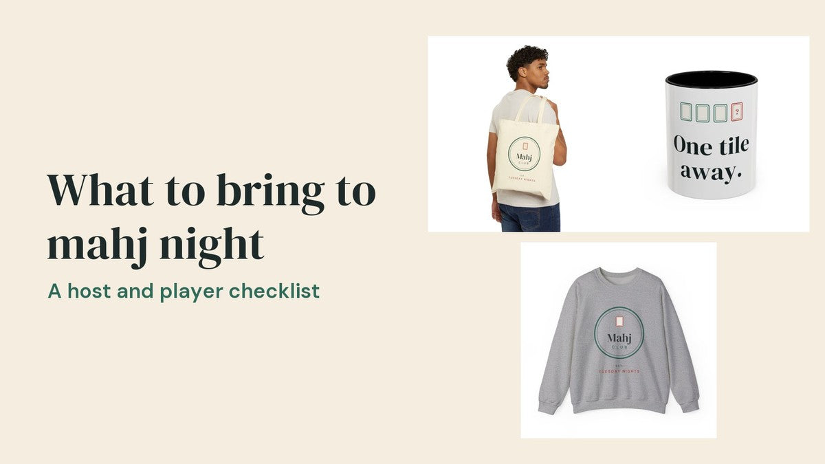 Mahj night essentials: canvas mahjong tote, mug and sweatshirt