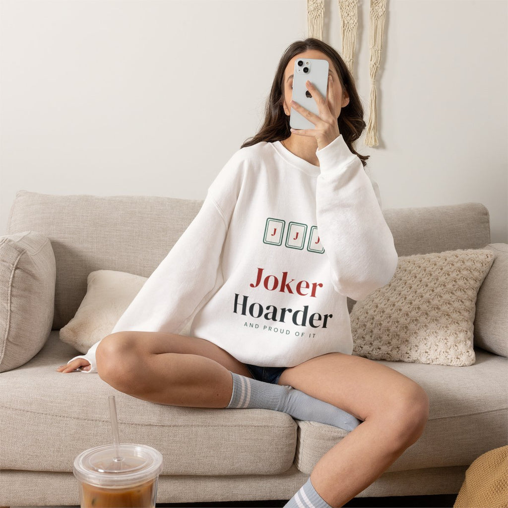 Joker Hoarder mahjong sweatshirt worn on the sofa, shown in White