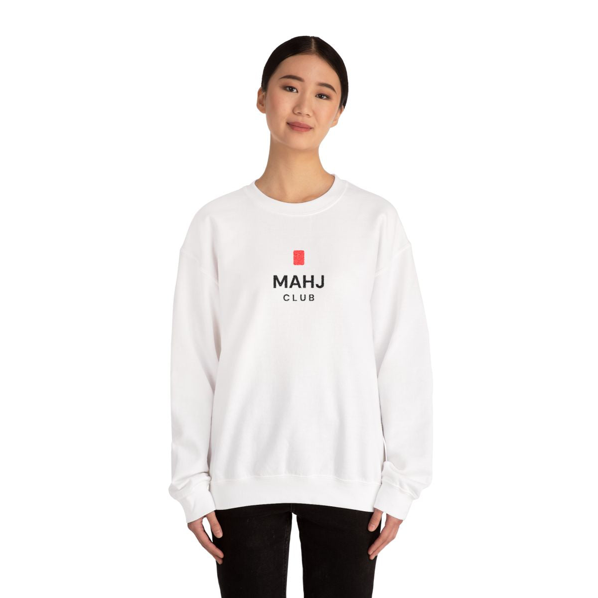 Model wearing the embroidered Mahj Club mahjong sweatshirt in White