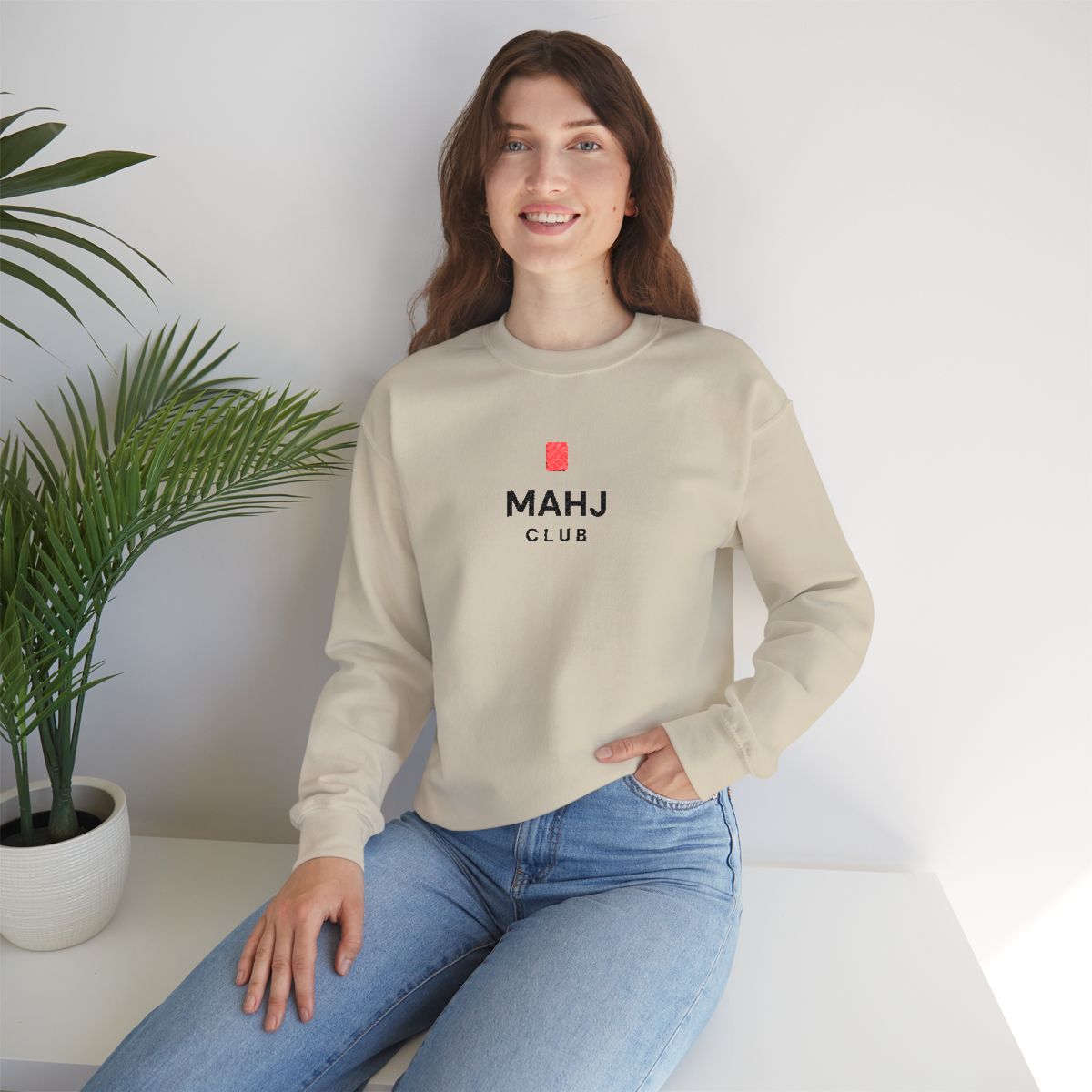 Embroidered Mahj Club mahjong sweatshirt worn at home, shown in Sand