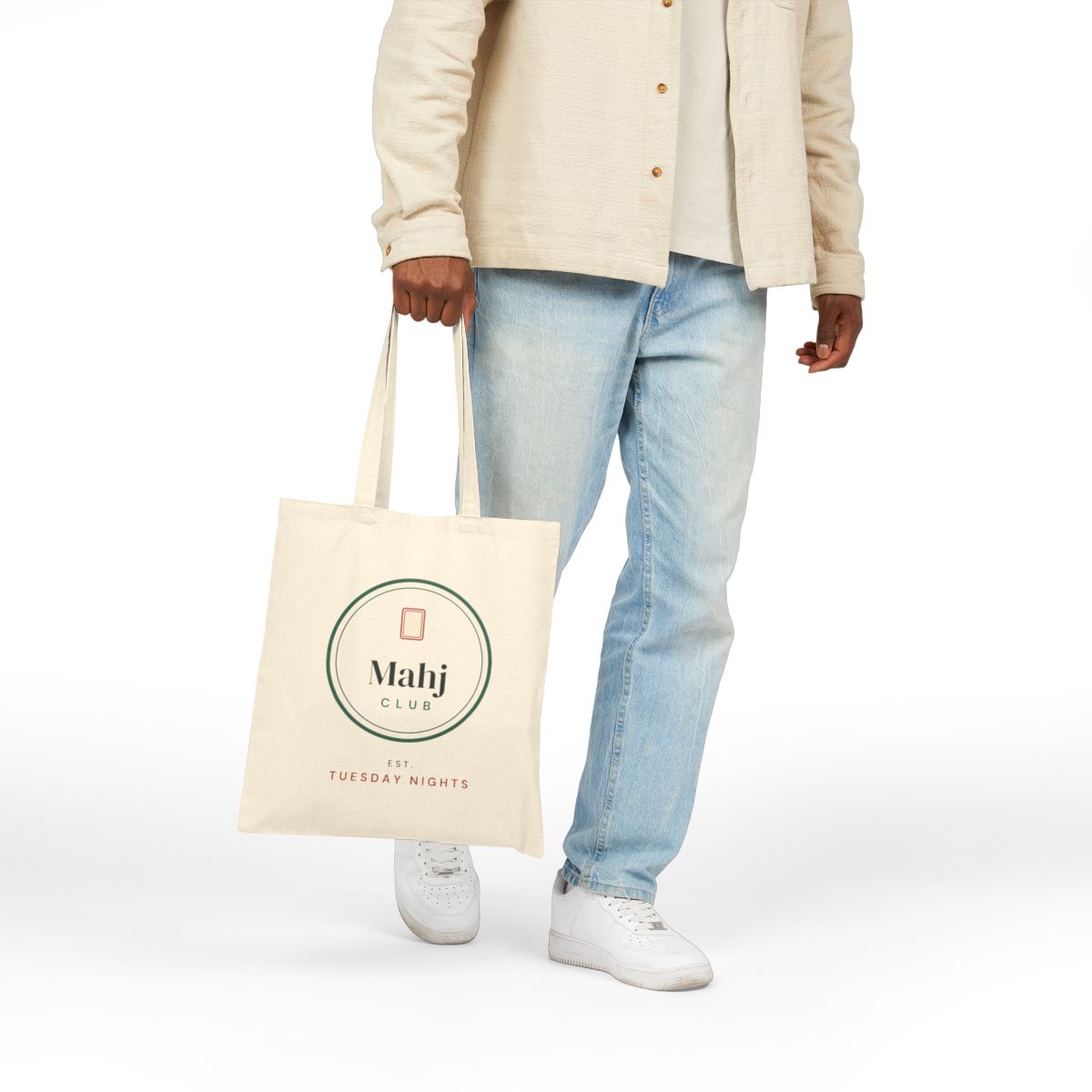 Mahj Club, Est. Tuesday Nights mahjong canvas tote bag carried on the shoulder