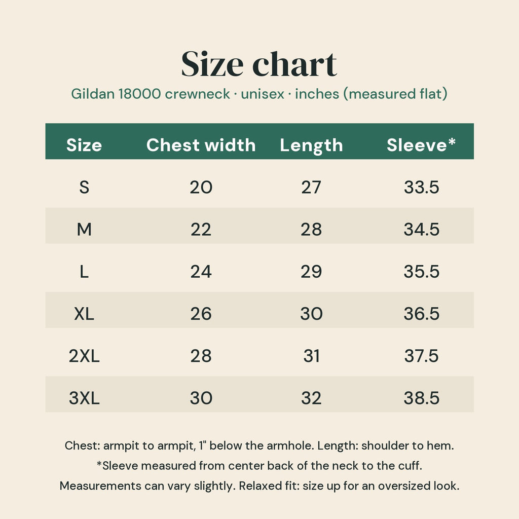 Size chart: Gildan 18000 unisex crewneck, chest width, length and sleeve in inches