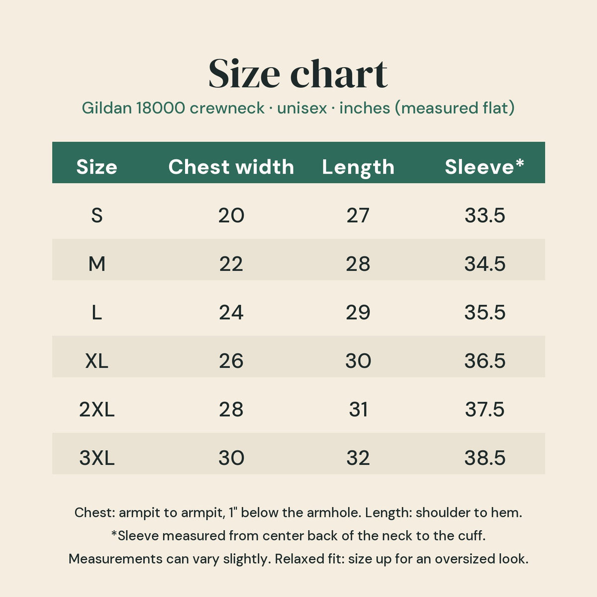 Size chart: Gildan 18000 unisex crewneck, chest width, length and sleeve in inches