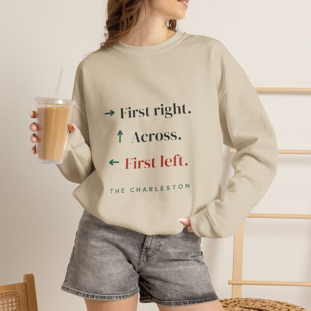 The Charleston mahjong sweatshirt worn with iced coffee, shown in Sand