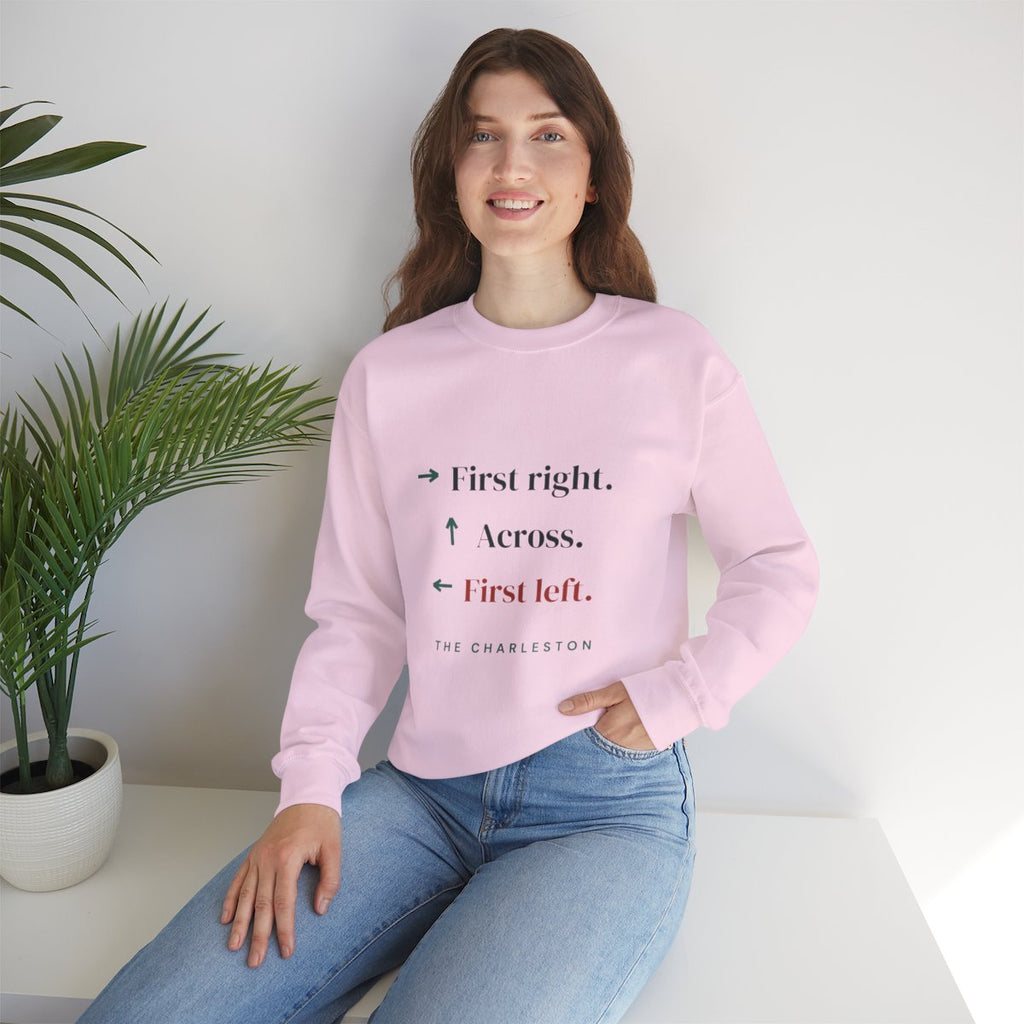 The Charleston mahjong sweatshirt worn at home, shown in Light Pink